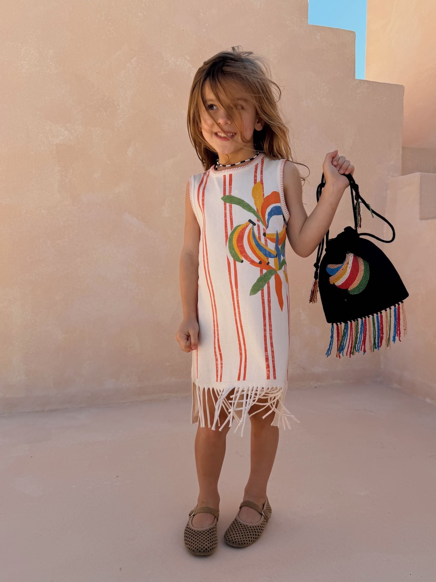 Never Fully Dressed Cream Banana Stripe Fringe Dress image 1