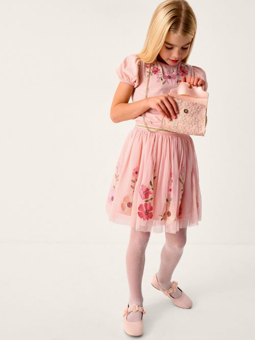 Monsoon Pink Floral Embroidered Top & Skirt Set image 1