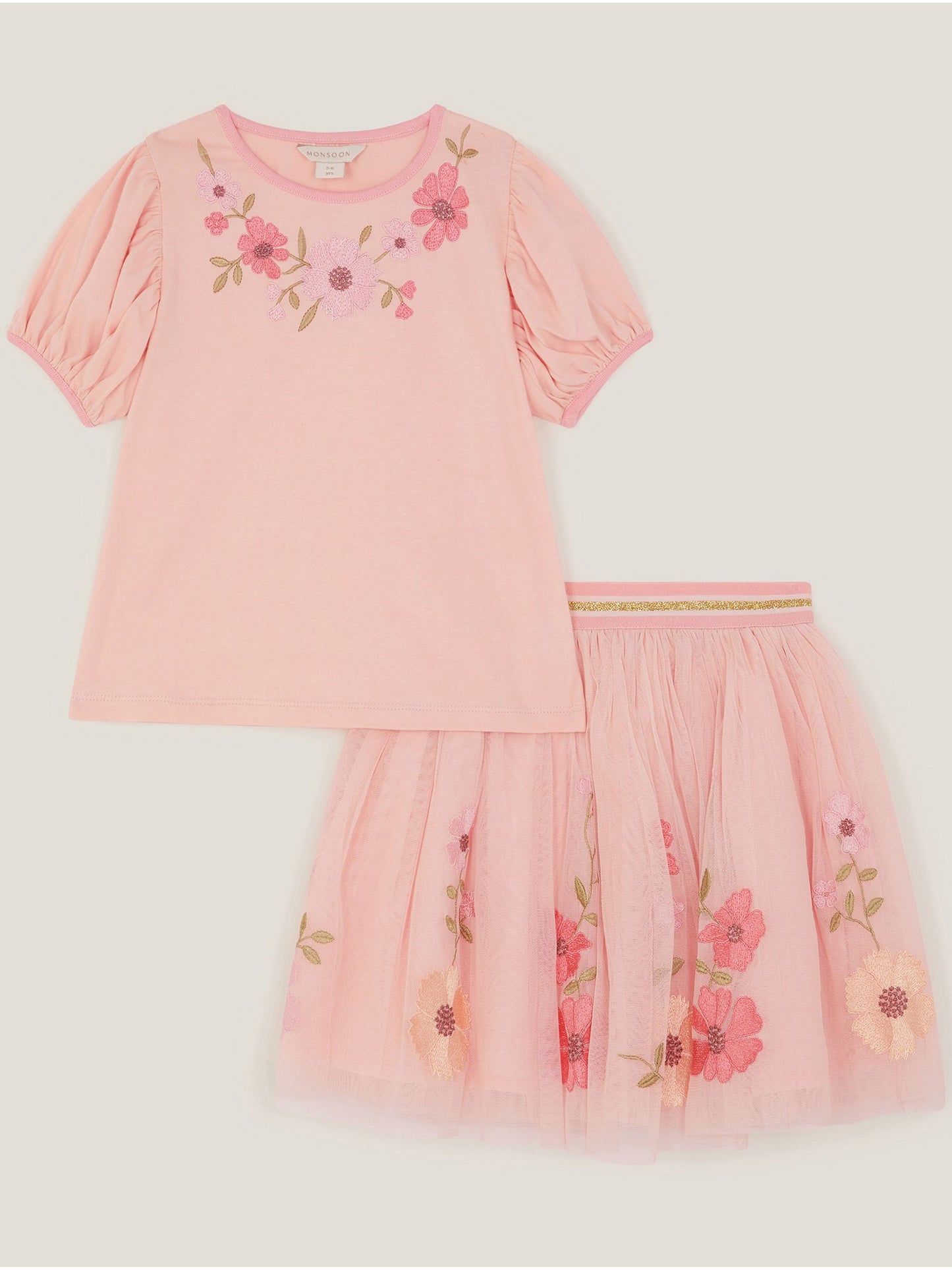 Monsoon Pink Floral Embroidered Top & Skirt Set image 2