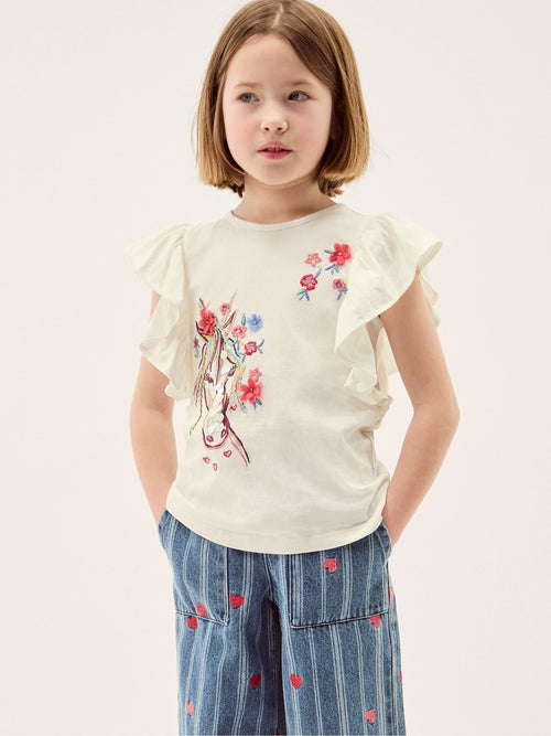 Monsoon Cream Embroidered Unicorn Ruffle T-Shirt image 1