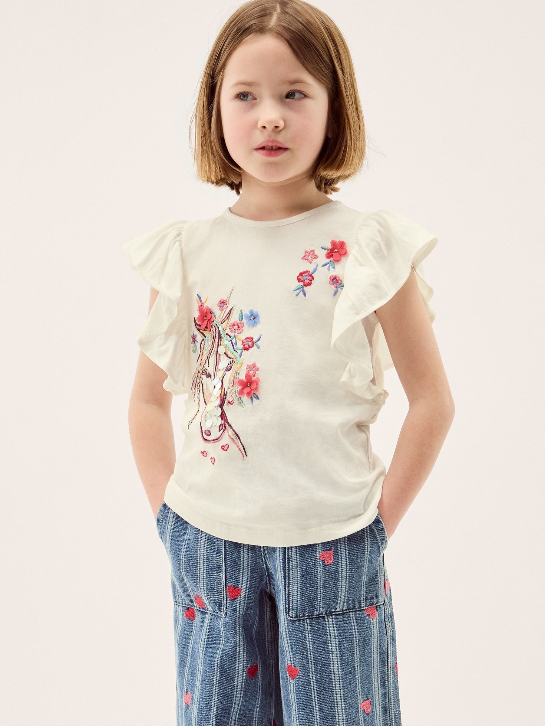 Monsoon Cream Embroidered Unicorn Ruffle T-Shirt image 1