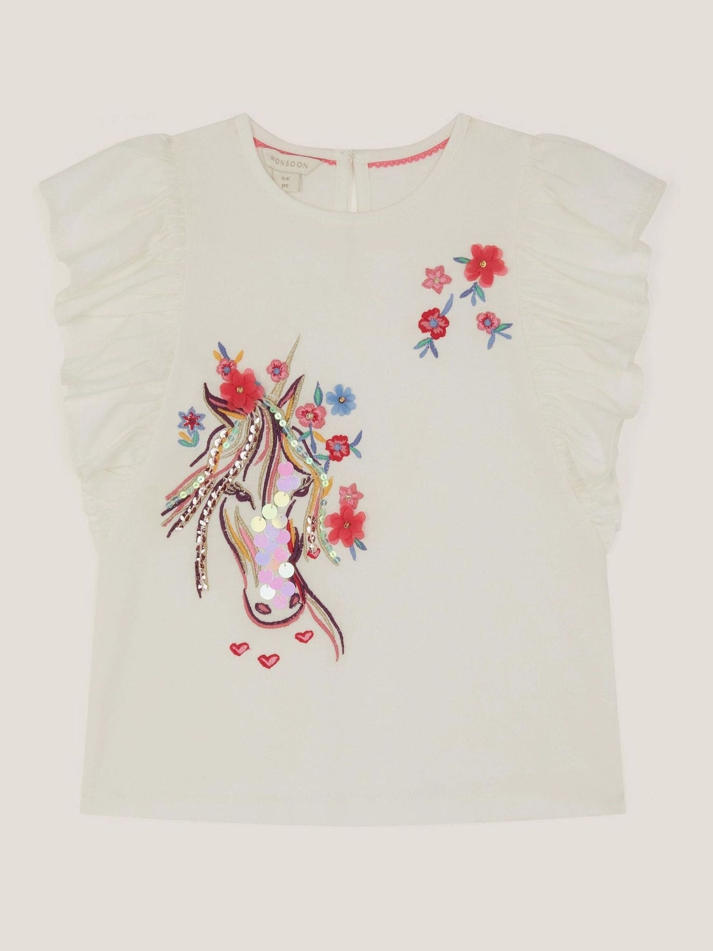 Monsoon Cream Embroidered Unicorn Ruffle T-Shirt image 2