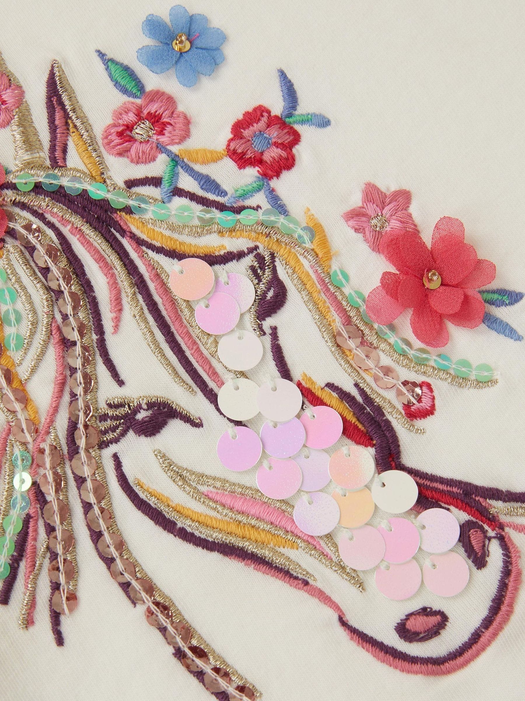 Monsoon Cream Embroidered Unicorn Ruffle T-Shirt image 4