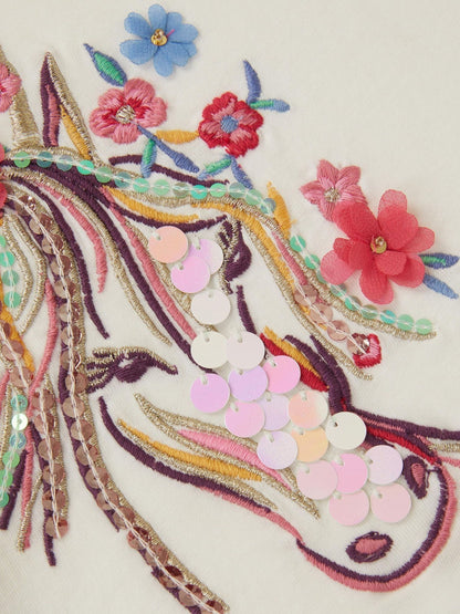 Monsoon Cream Embroidered Unicorn Ruffle T-Shirt image 4