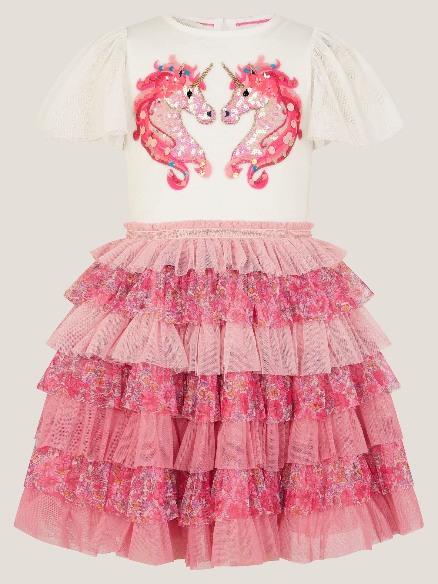 Monsoon Pink Sequin Unicorn Ruffle Tiered Dress image 2