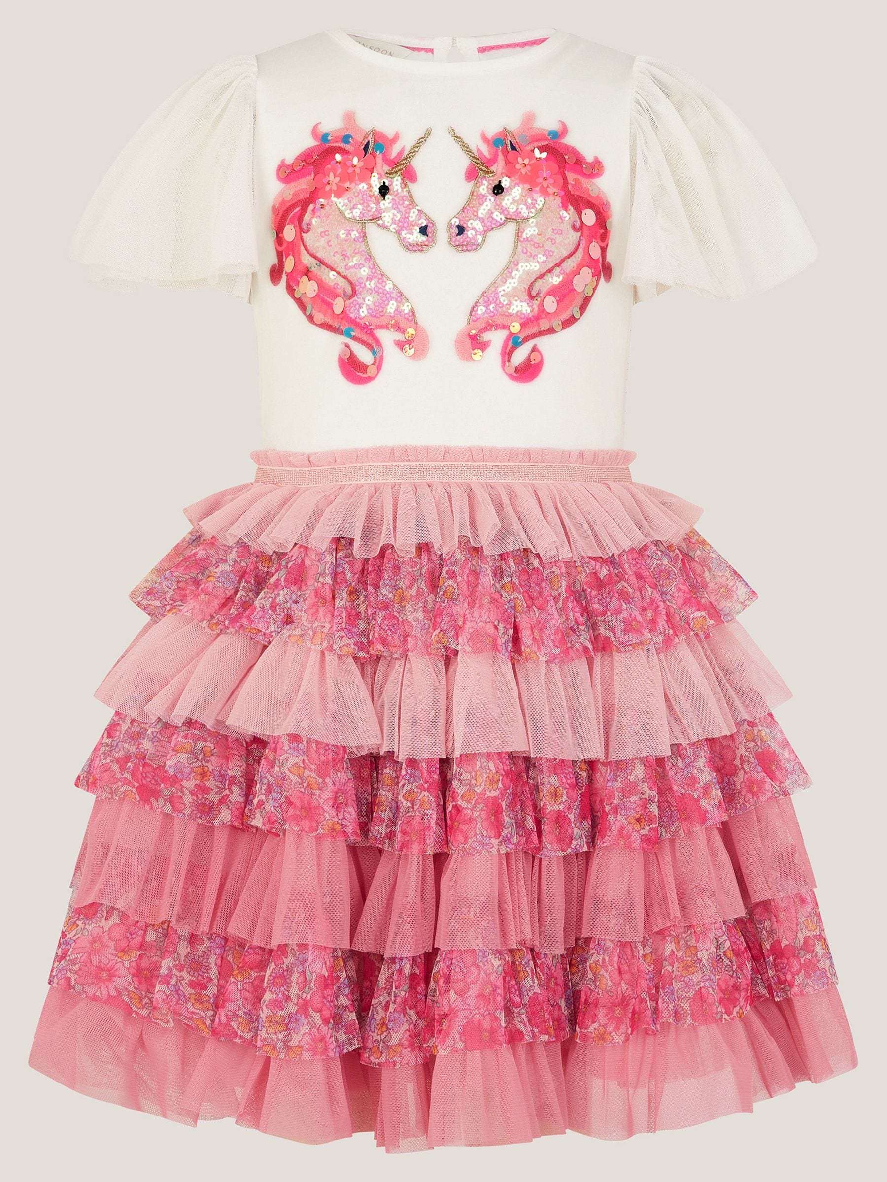 Monsoon Pink Sequin Unicorn Ruffle Tiered Dress image 2