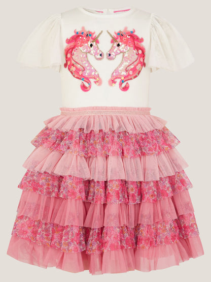 Monsoon Pink Sequin Unicorn Ruffle Tiered Dress image 2