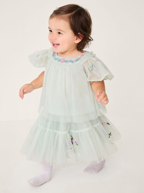 Monsoon Green Baby Amina Floral Embroidered Top & Skirt Set image 1