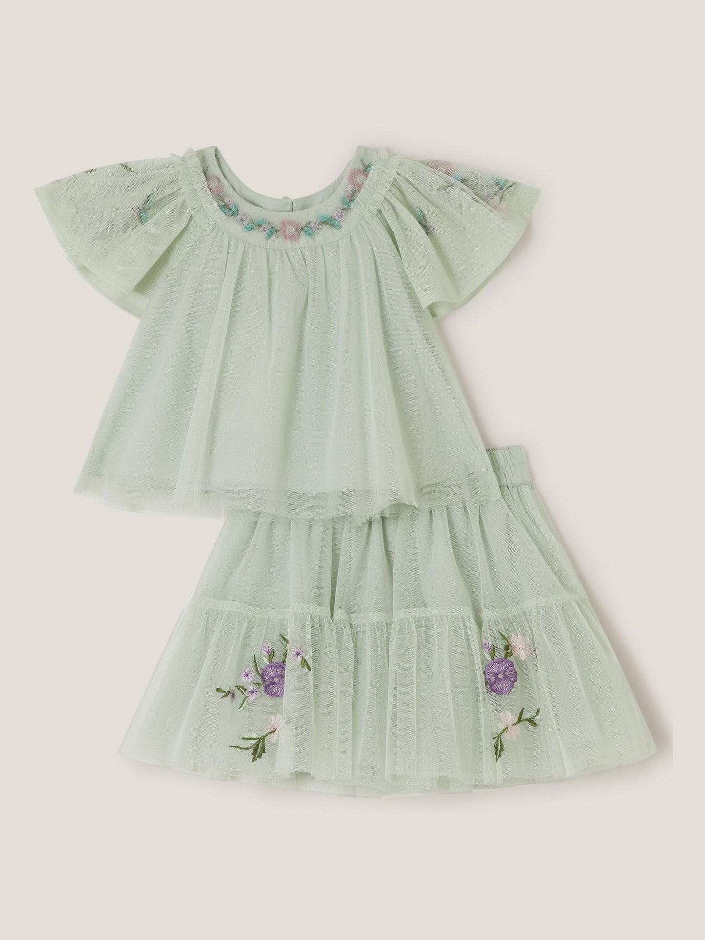 Monsoon Green Baby Amina Floral Embroidered Top & Skirt Set image 2