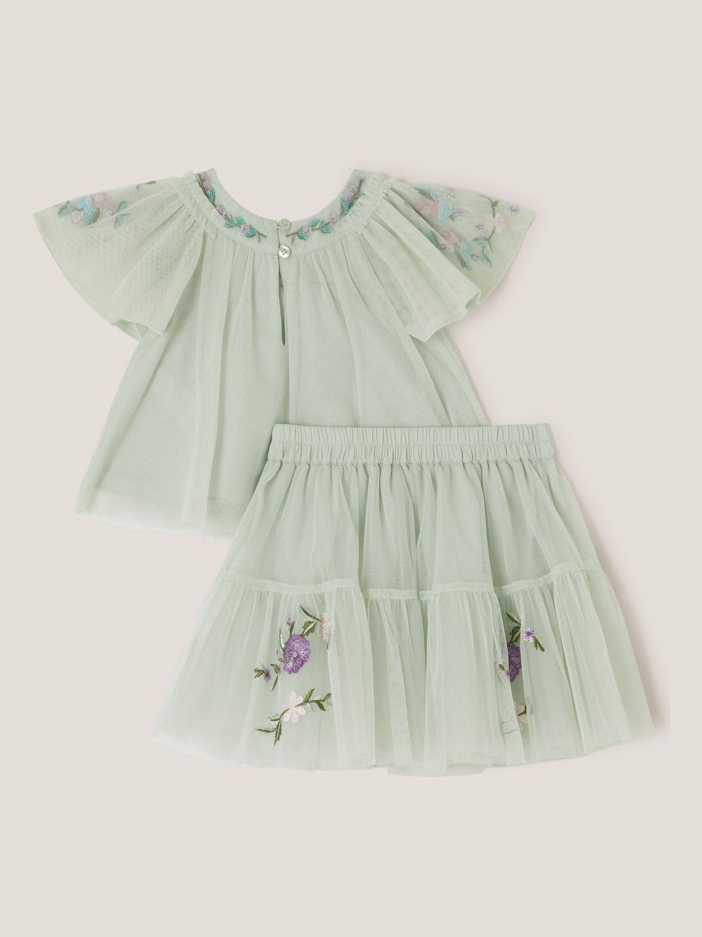 Monsoon Green Baby Amina Floral Embroidered Top & Skirt Set image 3