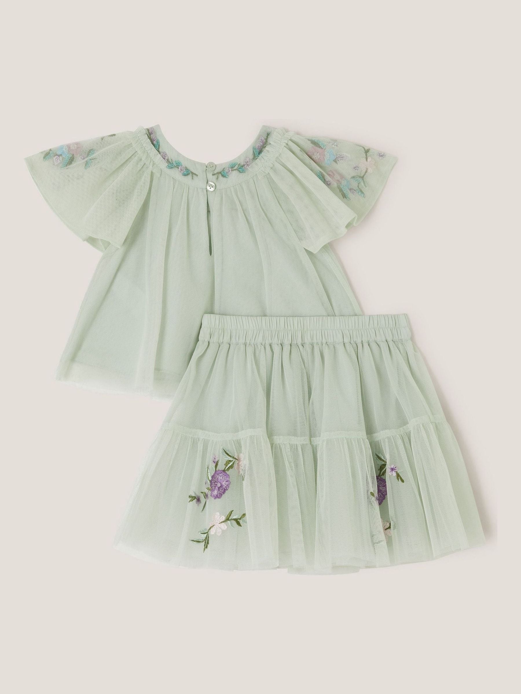 Monsoon Green Baby Amina Floral Embroidered Top & Skirt Set image 3