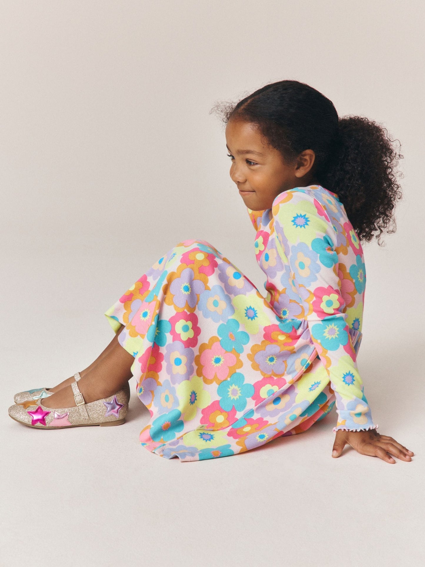 Dsiney Kidz - Little Bird by Jools Oliver Pink Rainbow Floral Ribbed Jersey Dress image 2
