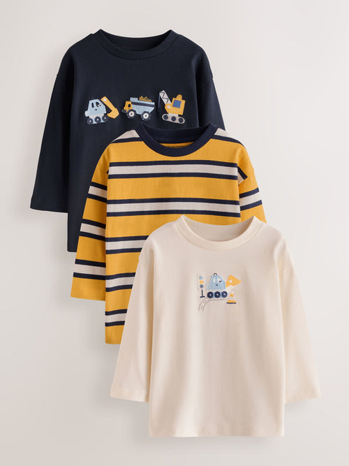 Dsiney Kidz - Navy Digger Embroidery Long Sleeve Graphic T-Shirts 3 Pack (3mths-7yrs) image 1