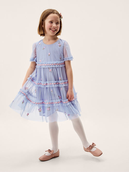 Monsoon Blue Floral Embroidered Floral Tulle Tier Dress image 1