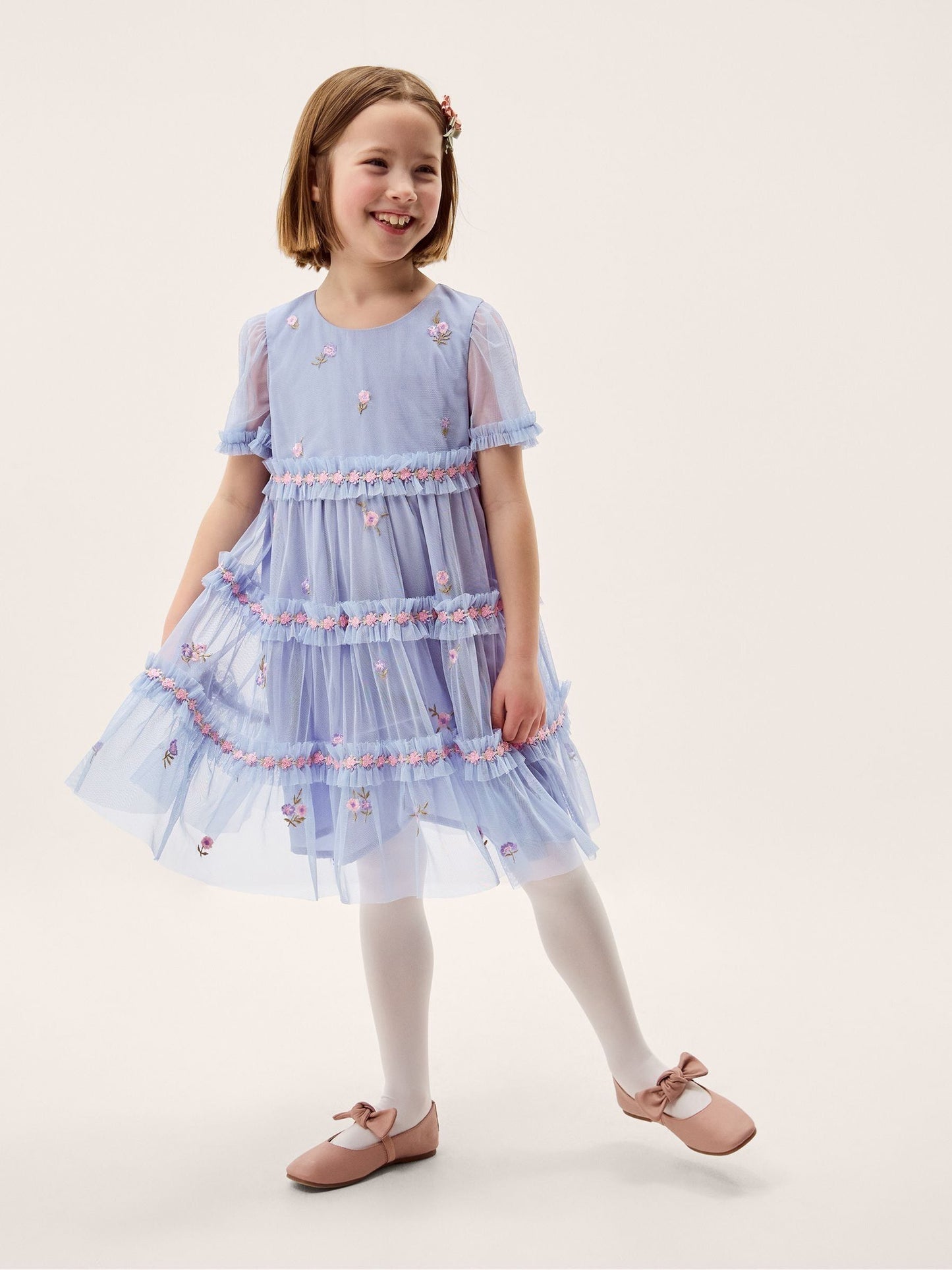 Monsoon Blue Floral Embroidered Floral Tulle Tier Dress image 1