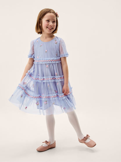 Monsoon Blue Floral Embroidered Floral Tulle Tier Dress image 1