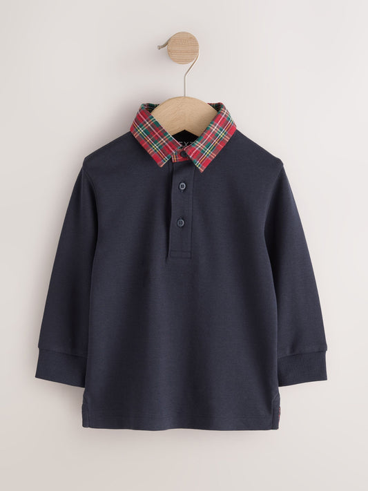 Dsiney Kidz - Navy Tartan Long Sleeve Polo Shirt (3mths-7yrs) image 1