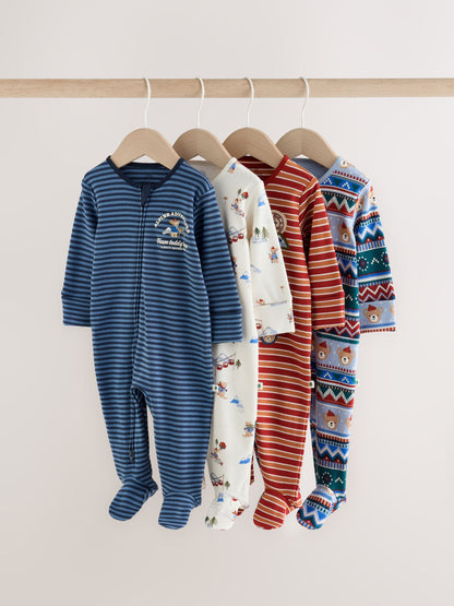 Blue Skiing Teddy Bear Two Way Zip Baby Sleepsuits 4 Pack (0mths-2yrs) - image 1