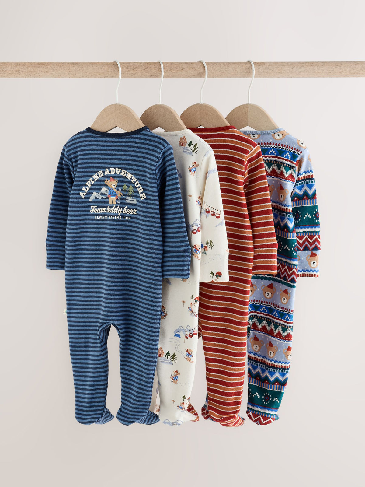 Blue Skiing Teddy Bear Two Way Zip Baby Sleepsuits 4 Pack (0mths-2yrs) - image 6