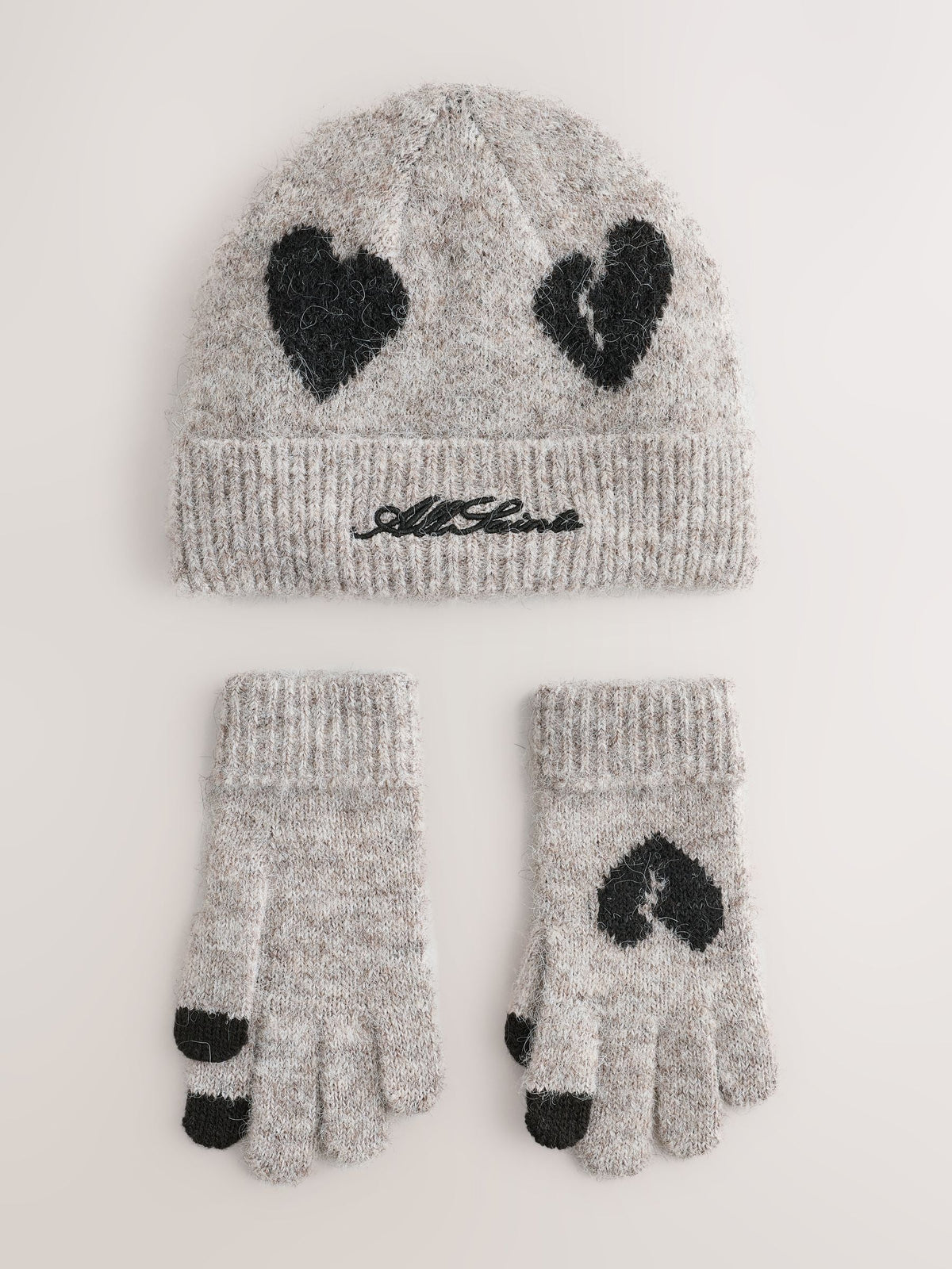 smALLSAINTS Brown Script Logo Knitted Heart Motif Beanie and Gloves Set - image 1