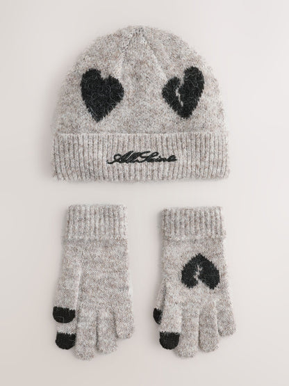 smALLSAINTS Brown Script Logo Knitted Heart Motif Beanie and Gloves Set - image 1