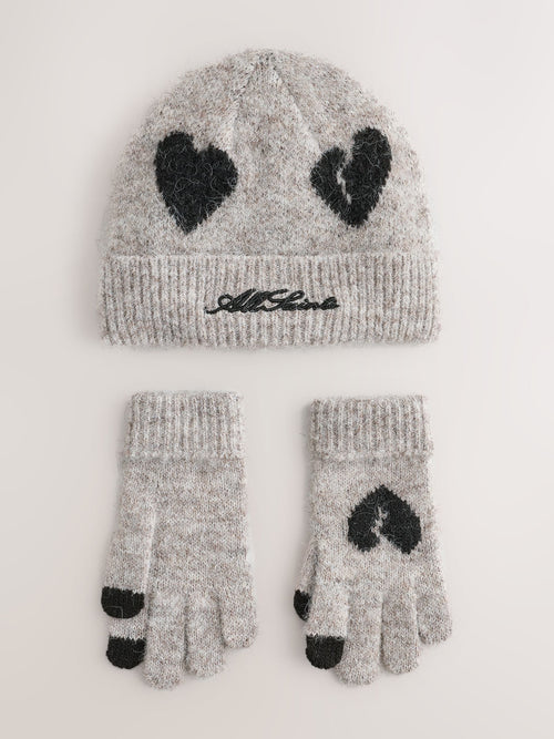 smALLSAINTS Brown Script Logo Knitted Heart Motif Beanie and Gloves Set - image 1