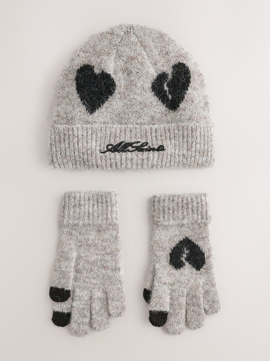 smALLSAINTS Brown Script Logo Knitted Heart Motif Beanie and Gloves Set - image 1