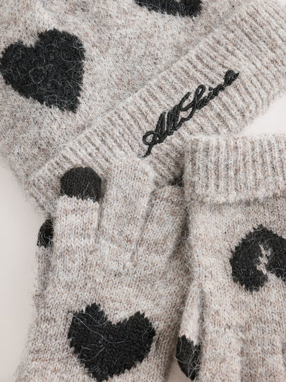 smALLSAINTS Brown Script Logo Knitted Heart Motif Beanie and Gloves Set - image 2