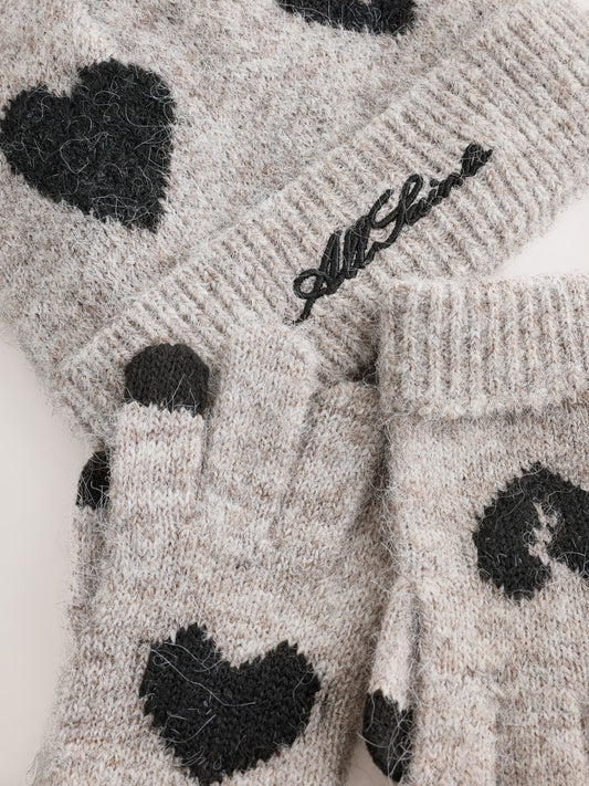 smALLSAINTS Brown Script Logo Knitted Heart Motif Beanie and Gloves Set - image 2
