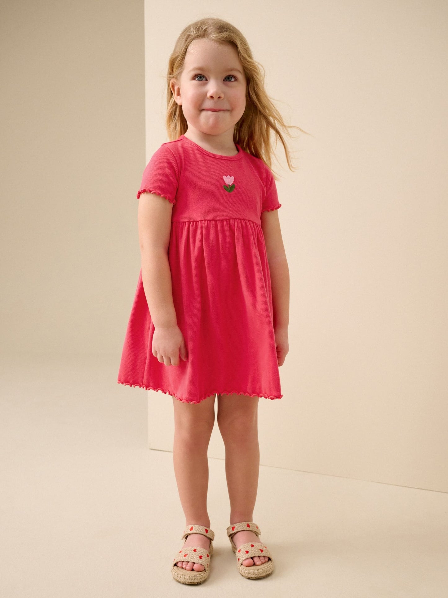 Red Flower Short sleeve Embroidered Ribbed Dress (3mths-7yrs) image 1