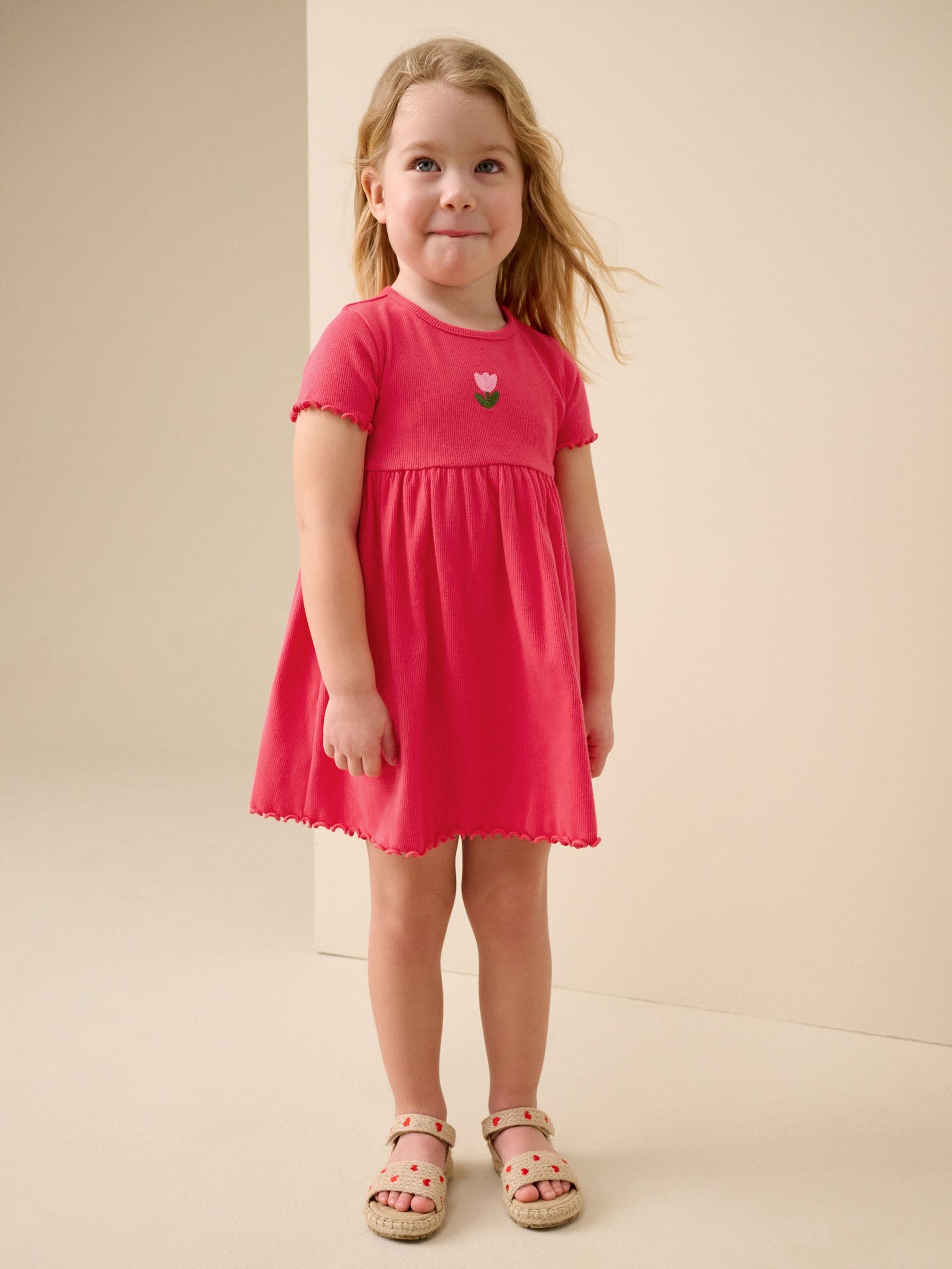 Red Flower Short sleeve Embroidered Ribbed Dress (3mths-7yrs) image 1