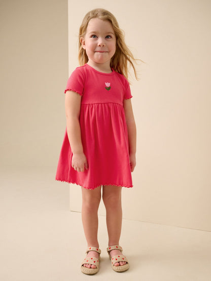 Red Flower Short sleeve Embroidered Ribbed Dress (3mths-7yrs) image 1
