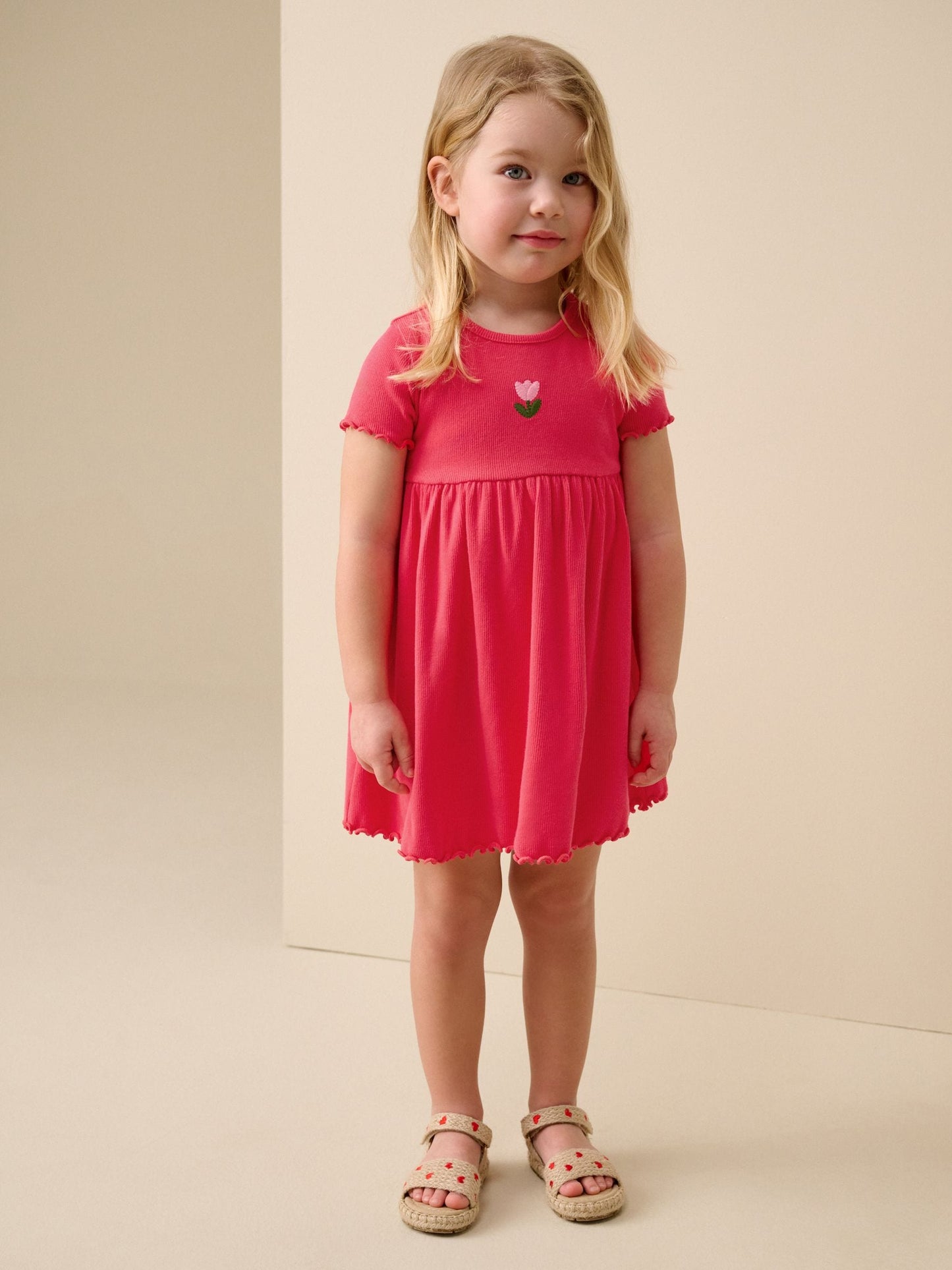 Red Flower Short sleeve Embroidered Ribbed Dress (3mths-7yrs) image 2
