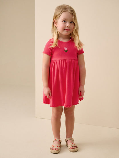 Red Flower Short sleeve Embroidered Ribbed Dress (3mths-7yrs) image 2