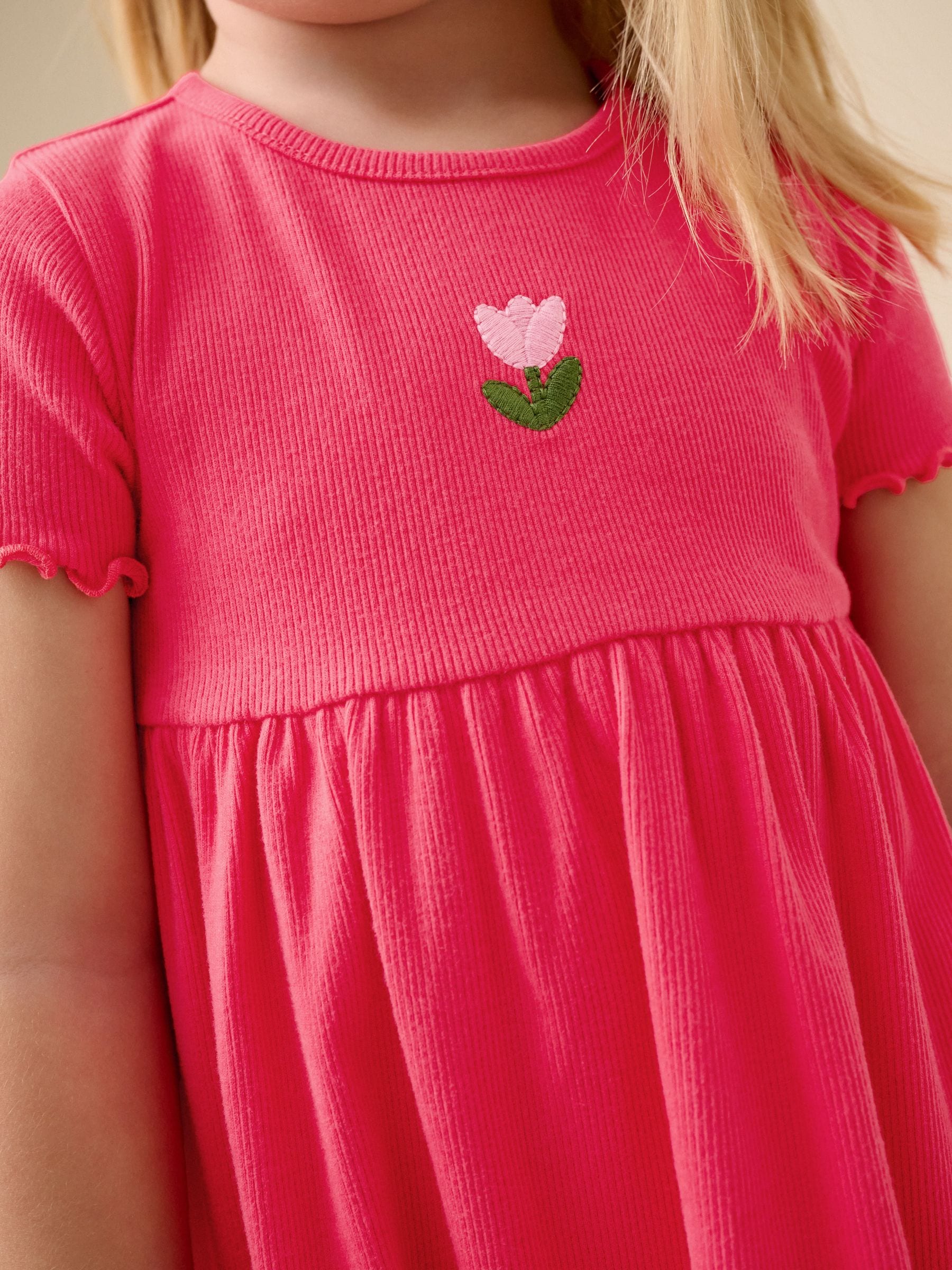 Red Flower Short sleeve Embroidered Ribbed Dress (3mths-7yrs) image 4