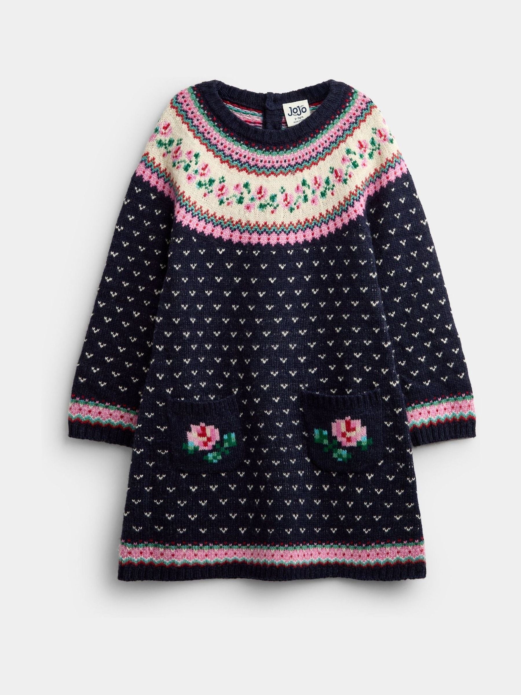 Dsiney Kidz - Jojo Maman Bébé Navy Blue Rose Fairisle Knitted Dress image 1