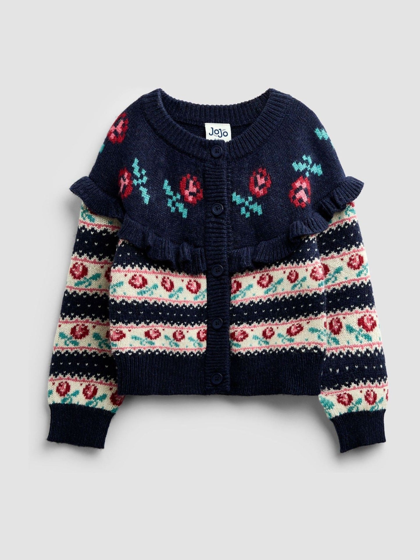 Dsiney Kidz - Jojo Maman Bébé Navy Blue Rose Fairisle Frilled Cardigan image 1