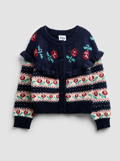 Dsiney Kidz - Jojo Maman Bébé Navy Blue Rose Fairisle Frilled Cardigan image 1