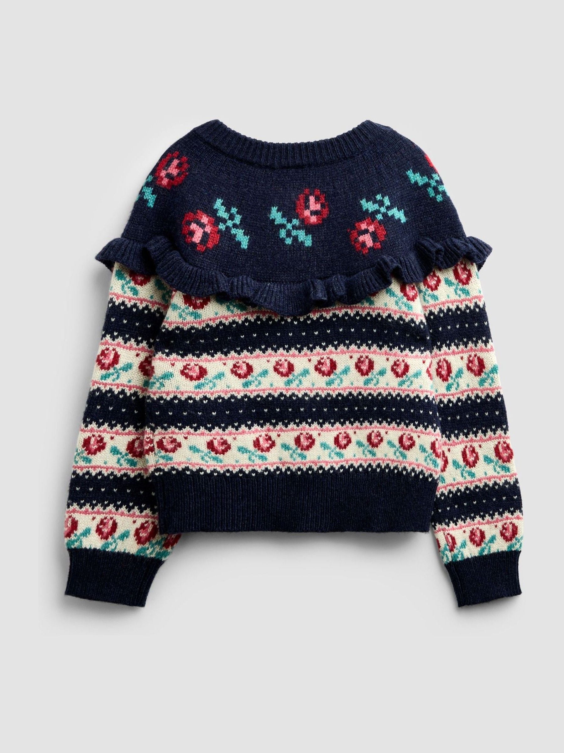 Dsiney Kidz - Jojo Maman Bébé Navy Blue Rose Fairisle Frilled Cardigan image 2
