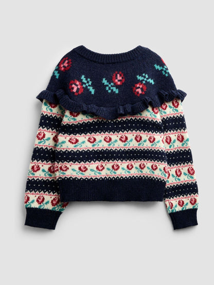 Dsiney Kidz - Jojo Maman Bébé Navy Blue Rose Fairisle Frilled Cardigan image 2