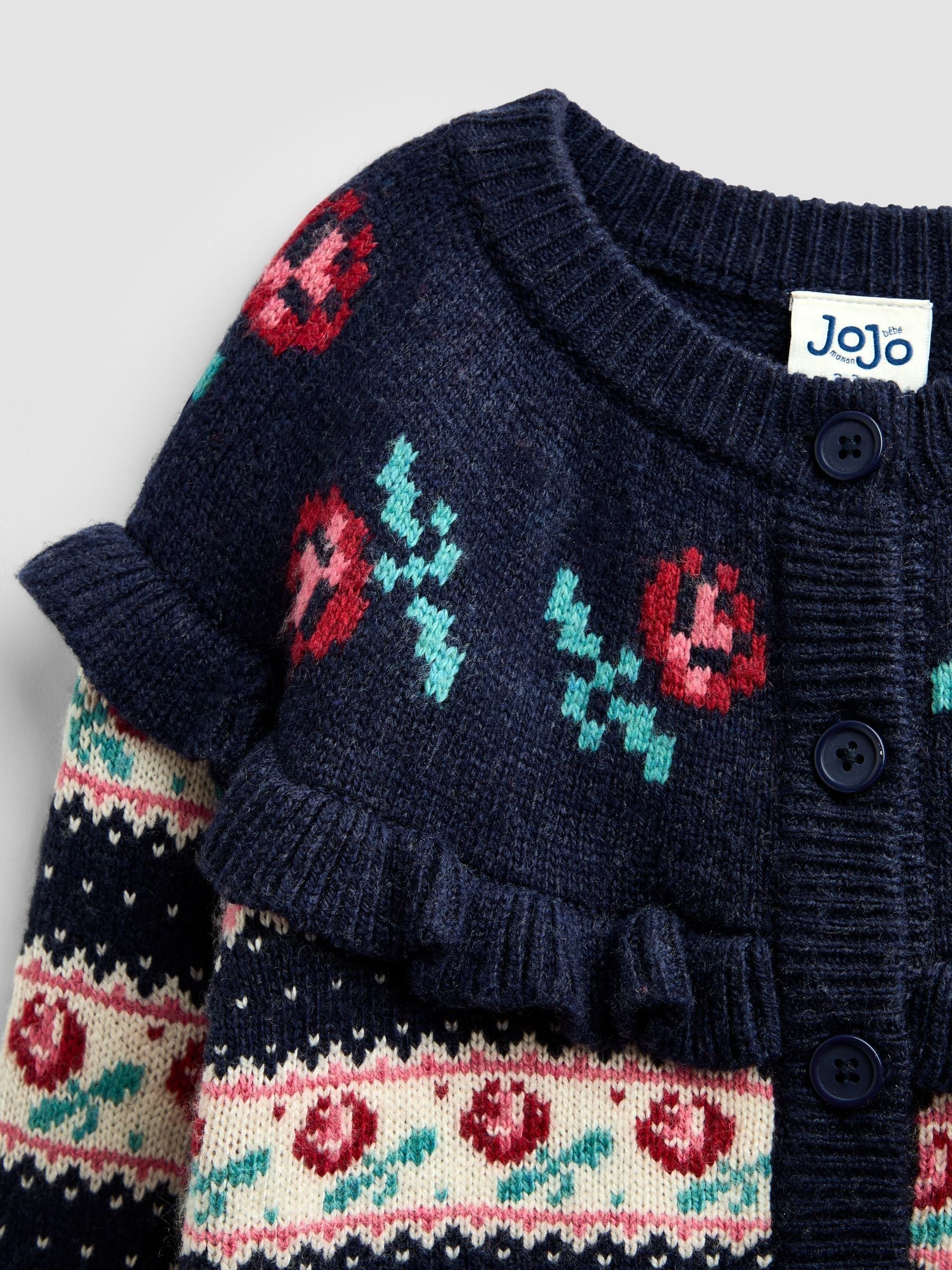 Dsiney Kidz - Jojo Maman Bébé Navy Blue Rose Fairisle Frilled Cardigan image 3