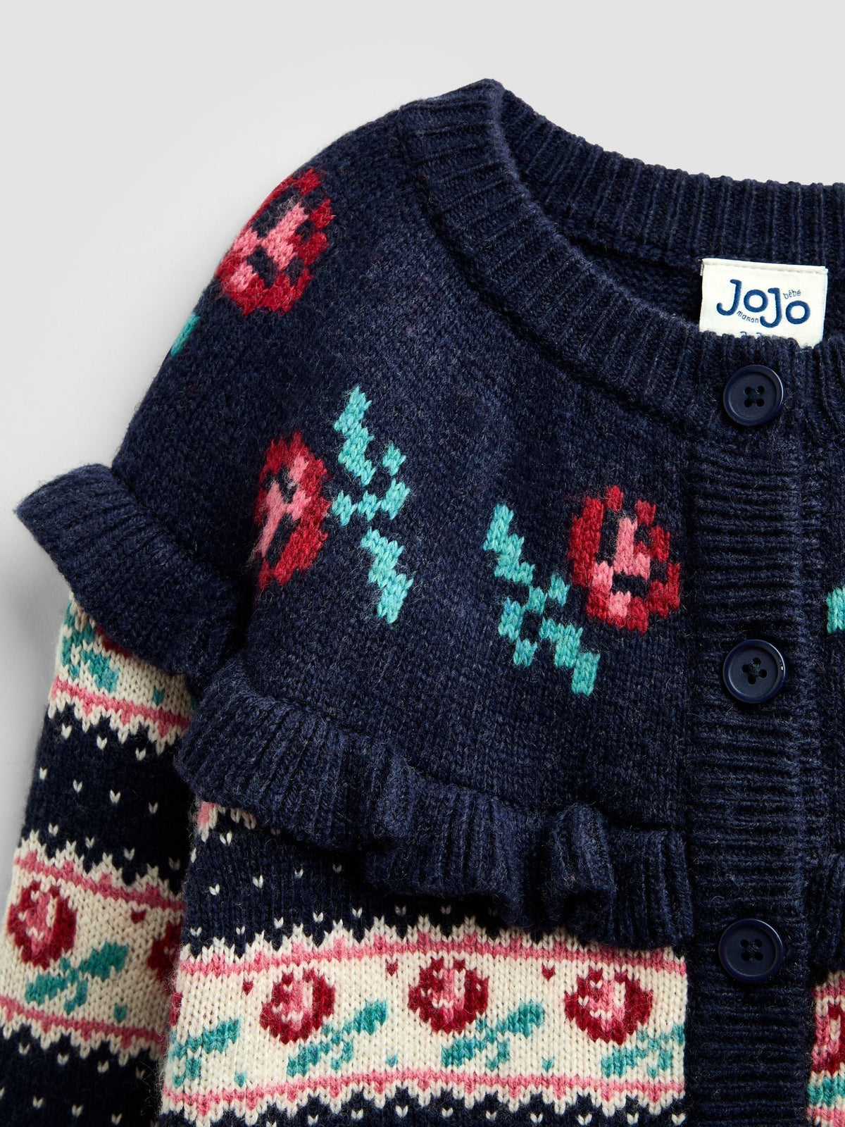 Dsiney Kidz - Jojo Maman Bébé Navy Blue Rose Fairisle Frilled Cardigan image 3
