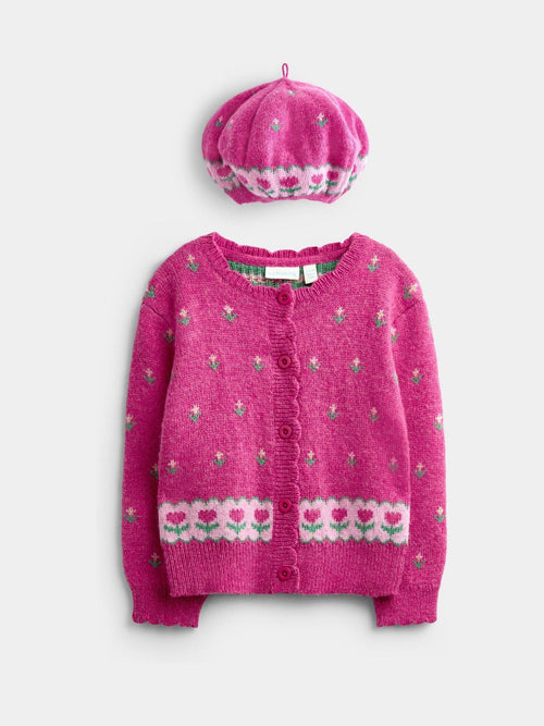 Dsiney Kidz - JoJo Maman Bébé Fuchsia Pink Floral Cardigan & Beret Set image 1