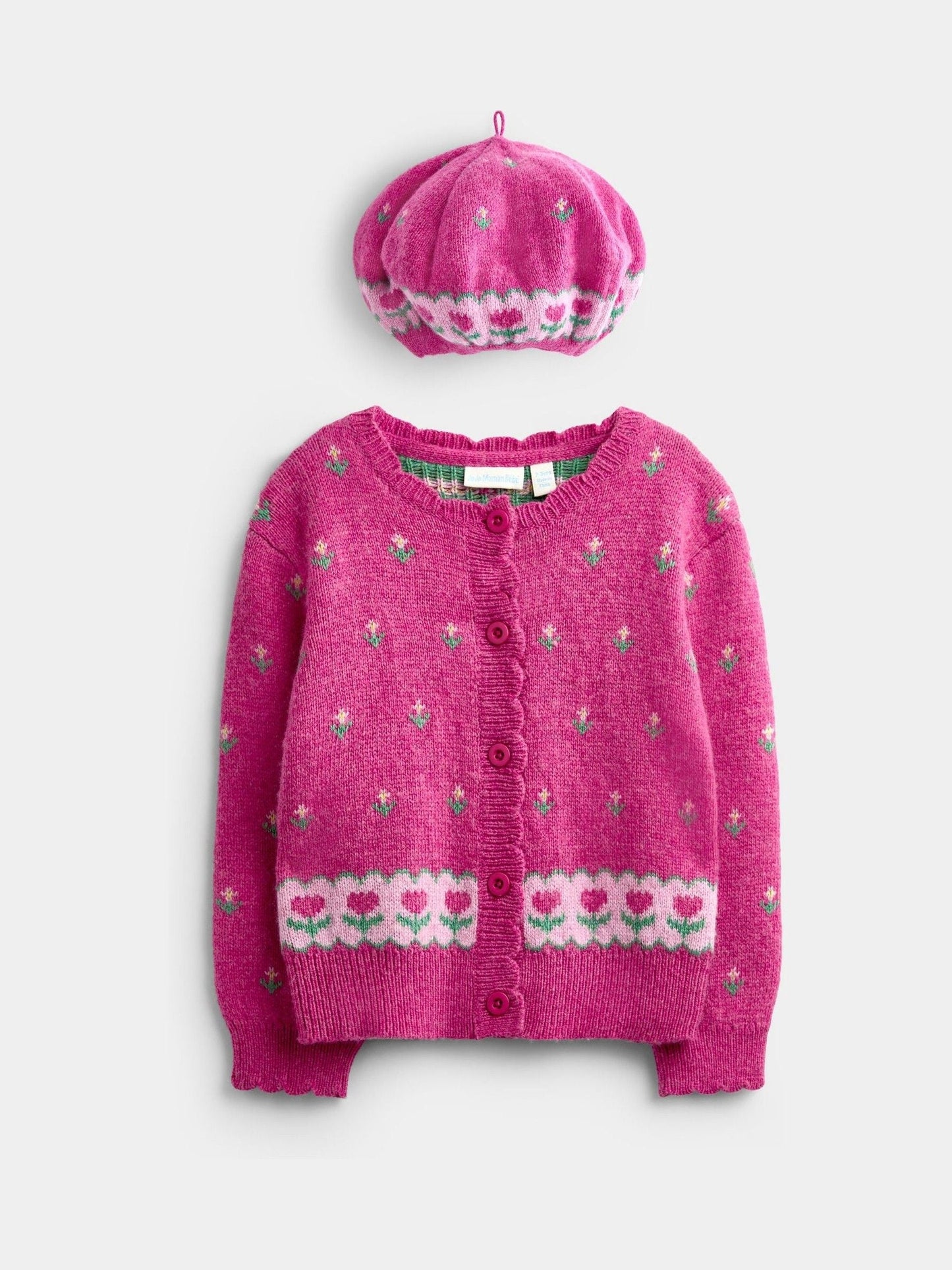 Dsiney Kidz - JoJo Maman Bébé Fuchsia Pink Floral Cardigan & Beret Set image 1