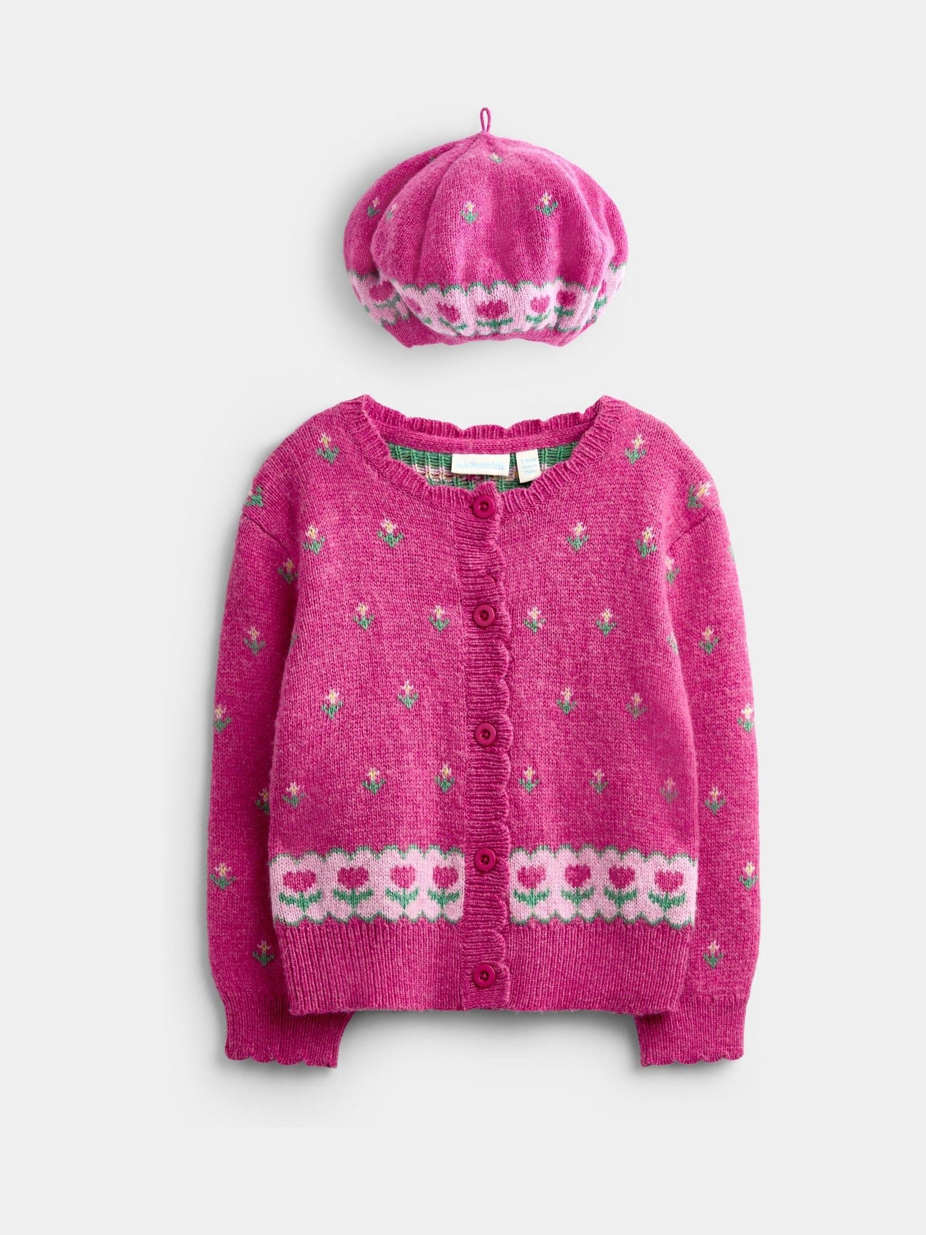 Dsiney Kidz - JoJo Maman Bébé Fuchsia Pink Floral Cardigan & Beret Set image 1