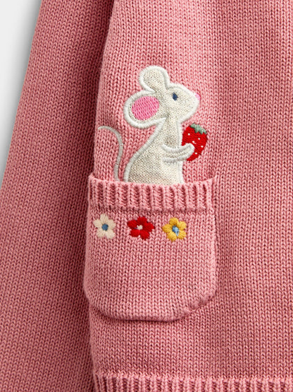 Dsiney Kidz - JoJo Maman Bébé Dusky Pink Mouse Pet In Pocket Appliqué Cotton Cardigan image 5
