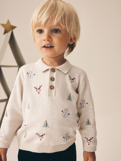 Ecru Christmas Knitted Polo Shirt (3mths-7yrs) - image 1