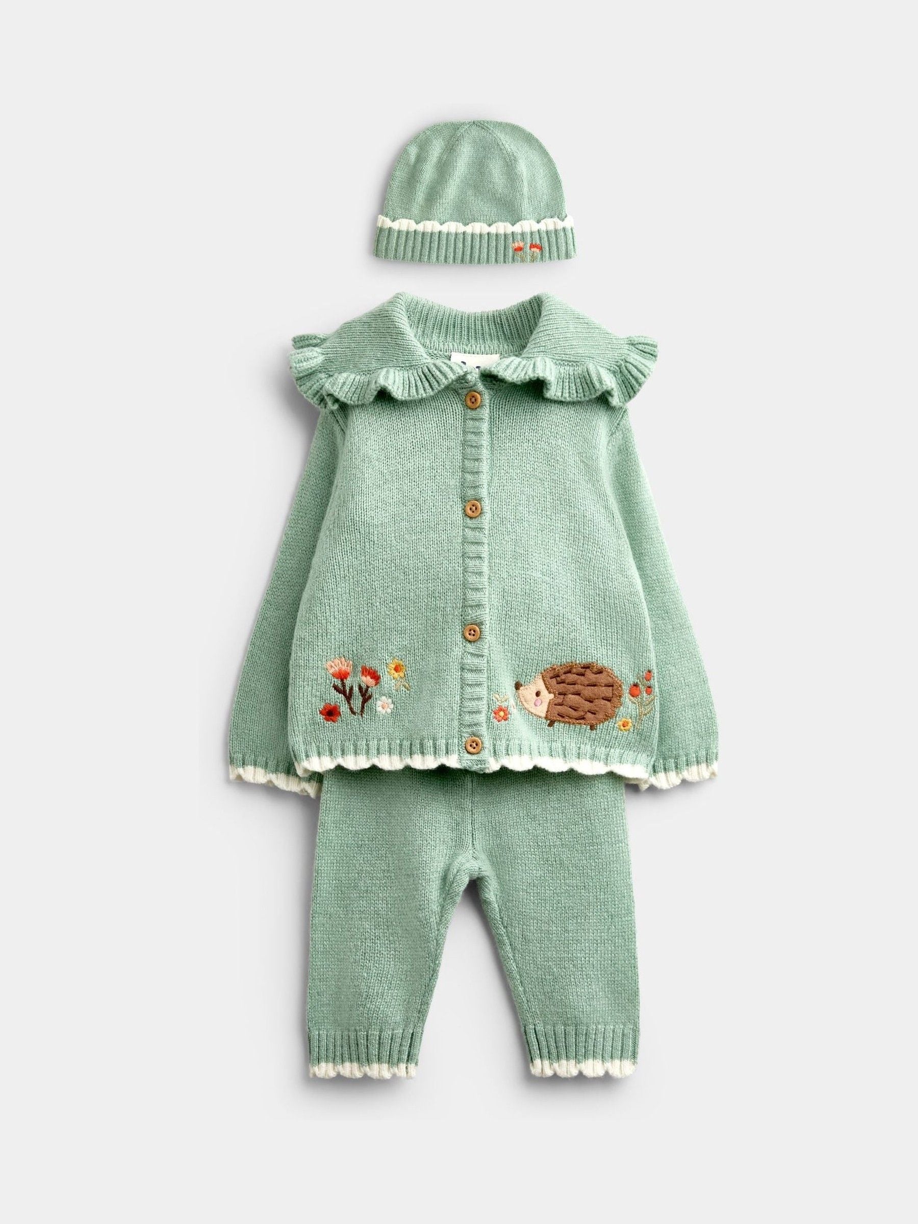 Dsiney Kidz - JoJo Maman Bébé Sage Green Hedgehog Knit Cardigan, Leggings & Hat Set image 1