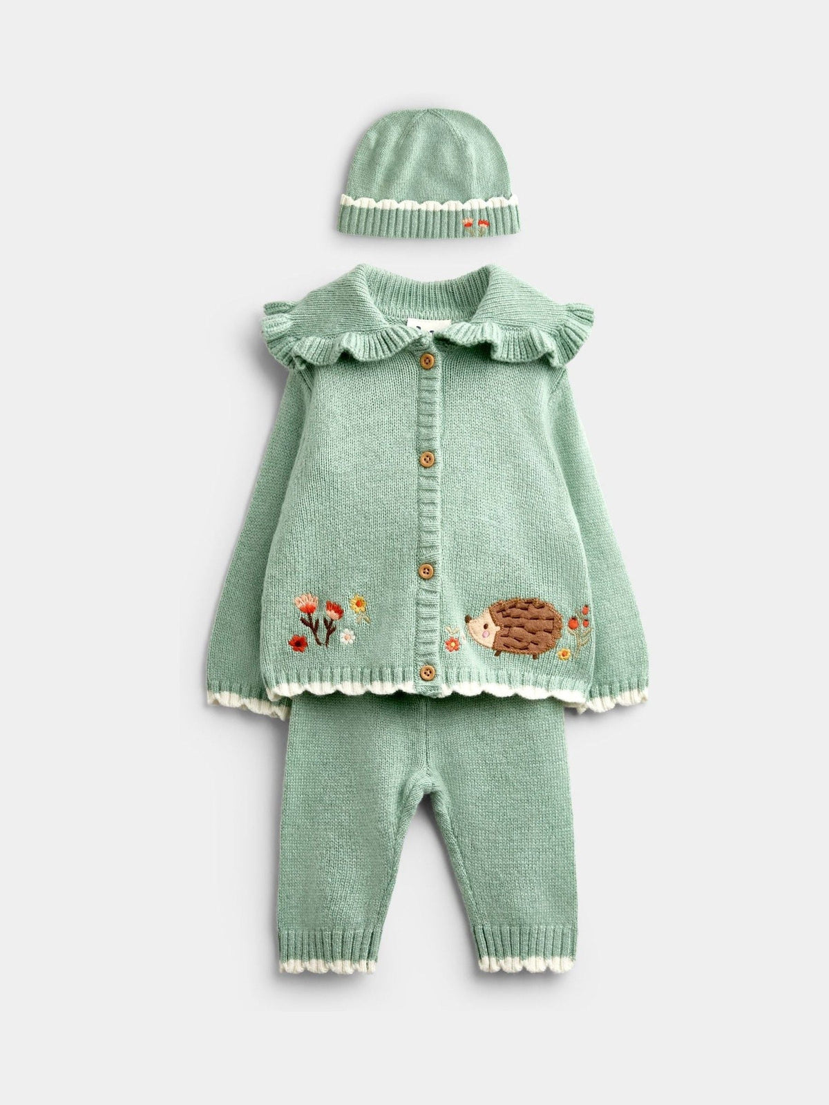 Dsiney Kidz - JoJo Maman Bébé Sage Green Hedgehog Knit Cardigan, Leggings & Hat Set image 1