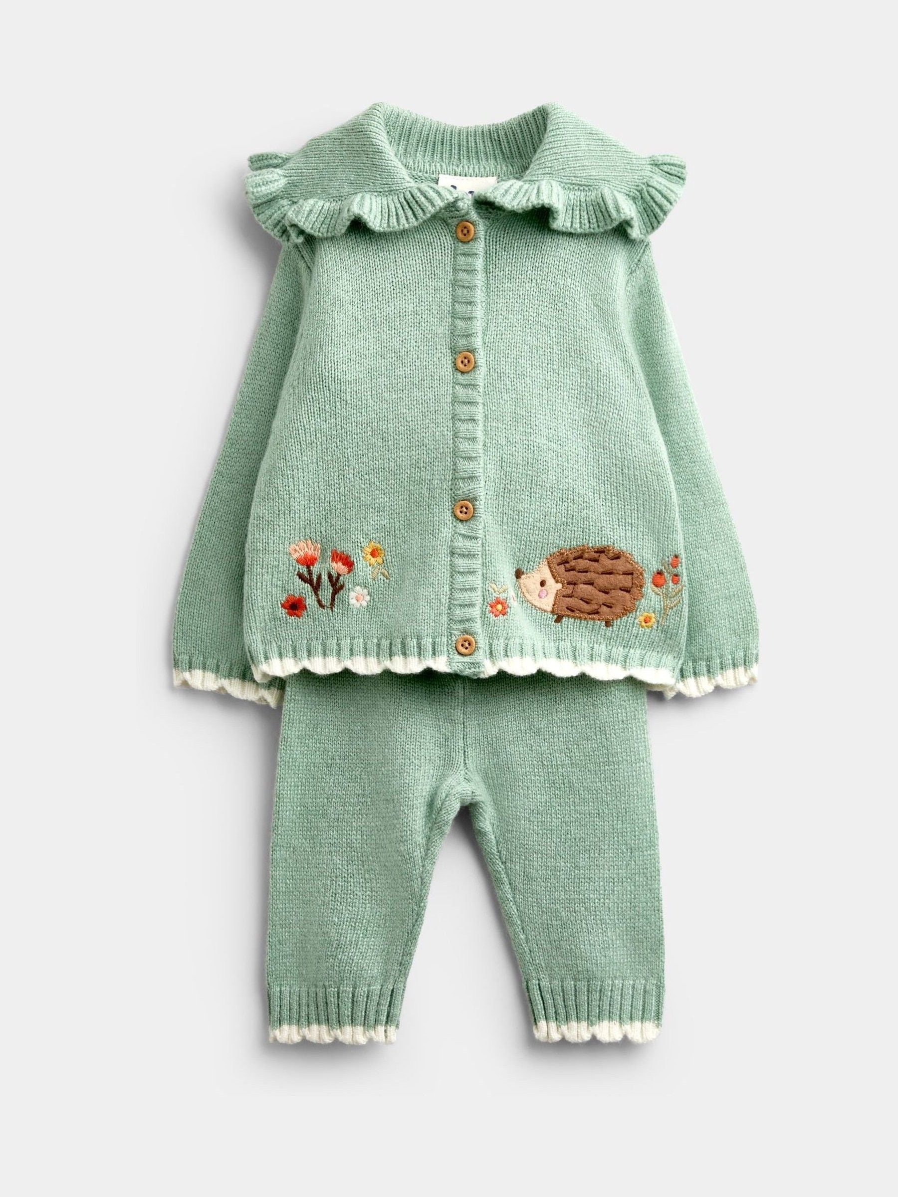 Dsiney Kidz - JoJo Maman Bébé Sage Green Hedgehog Knit Cardigan, Leggings & Hat Set image 2